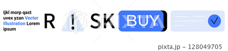 Text elements, exclamation mark symbol, BUY button, checkmark. Ideal for finance, decision-making, ecommerce, risk assessment, online shopping, transactions, and business strategies Landing page 128049705