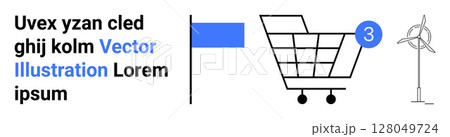 Shopping cart with number 3, blue flag indicating navigation, and wind turbine representing renewable energy. Ideal for e-commerce, shopping, renewable energy, eco-friendly practices, navigation Shopping cart with number 3, blue flag indicating navigation, and wind turbine representing renewable energy. Ideal for e-commerce, shopping, renewable energy, eco-friendly practices, navigation 128049724