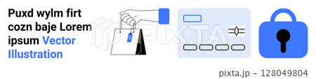 Hand holding shopping bags with a tag, credit card with chip and code, and blue lock icon. Ideal for e-commerce, online shopping, retail security, digital payments, financial transactions, consumer Hand holding shopping bags with a tag, credit card with chip and code, and blue lock icon. Ideal for e-commerce, online shopping, retail security, digital payments, financial transactions, consumer 128049804