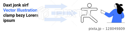 Woman in blue pointing at stick figure with three arrows showing various paths. Ideal for decision making, career choice, guidance, business strategy, motivational content, personal growth Woman in blue pointing at stick figure with three arrows showing various paths. Ideal for decision making, career choice, guidance, business strategy, motivational content, personal growth 128049809