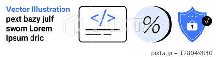 Coding tag in blue, percentage symbol, and lock on shield symbol in blue. Ideal for web development, coding, programming, finance, data security, cybersecurity, tech blogs, and educational content Coding tag in blue, percentage symbol, and lock on shield symbol in blue. Ideal for web development, coding, programming, finance, data security, cybersecurity, tech blogs, and educational content 128049830