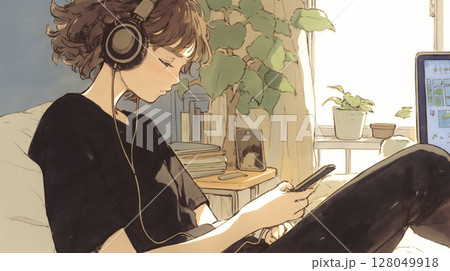 部屋でくつろぎながらスマートフォンを眺める女性の姿　テクノロジーと生活　SNSライフ　現代的　私生活 128049918