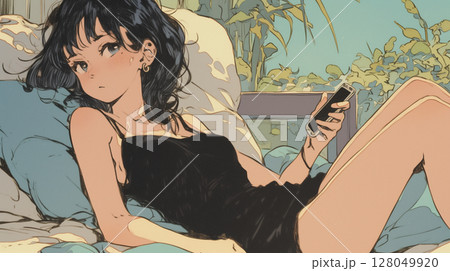 ふかふかのベッドの上でスマホを操作する女性 パジャマ 朝時間 自分時間 快適 通信機器 ふかふかのベッドの上でスマホを操作する女性 パジャマ 朝時間 自分時間 快適 通信機器 128049920