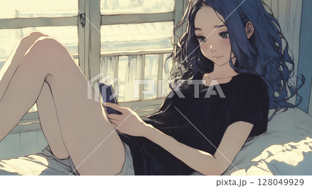 部屋でくつろぎながらスマートフォンを眺める女性の姿 テクノロジーと生活 SNSライフ 現代的 私生活 部屋でくつろぎながらスマートフォンを眺める女性の姿 テクノロジーと生活 SNSライフ 現代的 私生活 128049929