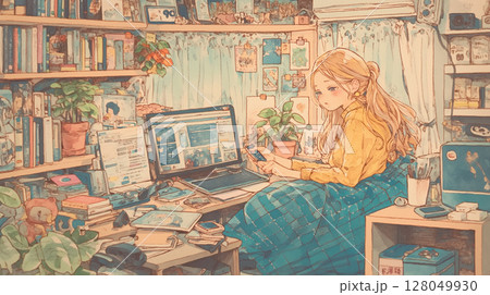 部屋でくつろぎながらスマートフォンを眺める女性の姿　テクノロジーと生活　SNSライフ　現代的　私生活 128049930