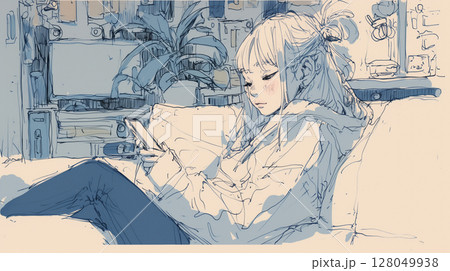 自宅のリラックス空間でスマートフォンを手にする若い女性のイラスト 日常 通信 SNS テクノロジー 自宅のリラックス空間でスマートフォンを手にする若い女性のイラスト 日常 通信 SNS テクノロジー 128049938