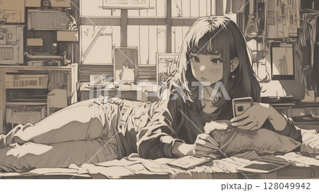 自宅のリラックス空間でスマートフォンを手にする若い女性のイラスト　日常　通信　SNS　テクノロジー 128049942