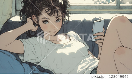 自宅のリラックス空間でスマートフォンを手にする若い女性のイラスト　日常　通信　SNS　テクノロジー 128049943
