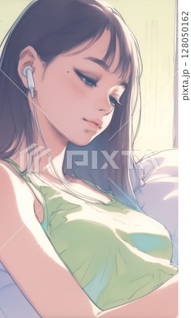 スマホで情報を確認する女性　朝のルーティン　現代的な部屋　快適な生活　都会的ライフスタイル 128050162