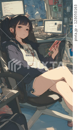 スマホで情報を確認する女性　朝のルーティン　現代的な部屋　快適な生活　都会的ライフスタイル 128050163