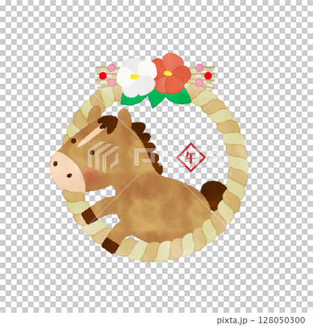 Watercolor-style New Year's illustration of a horse jumping out of a shimenawa rope (2026, Year of the Horse) 128050300