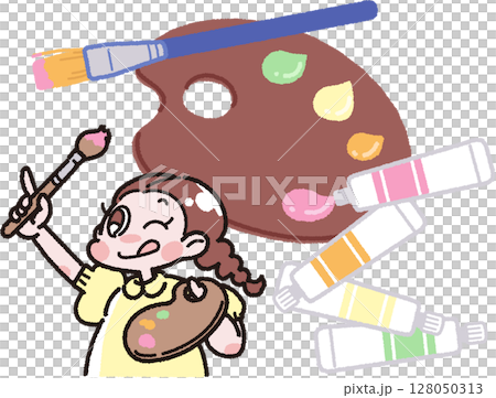 Illustration of a girl with paints, a palette, a brush and 128050313
