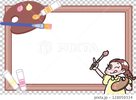 一個女孩用顏料、調色盤、畫筆和 128050314