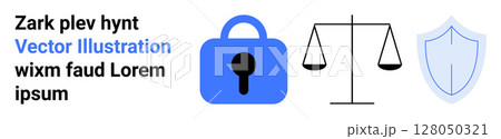 Blue padlock, black balance scale, and blue shield icon illustrating privacy, justice, and security in online legal services. Ideal for legal practice, digital security, privacy policy, justice Blue padlock, black balance scale, and blue shield icon illustrating privacy, justice, and security in online legal services. Ideal for legal practice, digital security, privacy policy, justice 128050321
