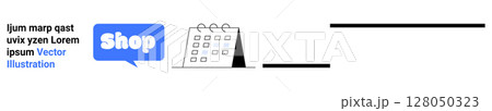 Online shop banner with blue speech bubble icon and text Shop and a calendar icon in black and white. Ideal for online stores e-commerce promotions sales events and marketing campaigns. Banner 128050323