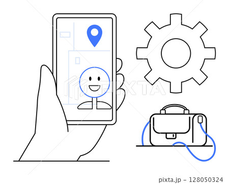 Hand holding smartphone with navigation pin and happy face on screen, next to a cogwheel and business briefcase. Ideal for technology, navigation, business, communication, remote work, app design 128050324