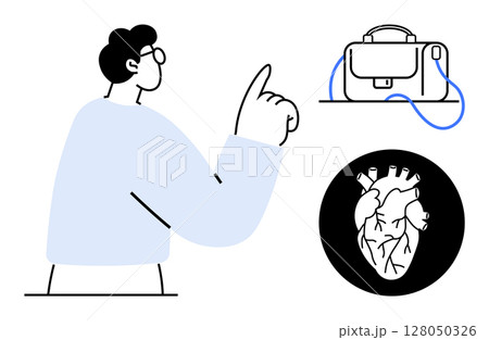 Person pointing upwards with a briefcase and anatomical heart diagram. Ideal for medical, educational, business strategy, presentations, professional development, healthcare, creative thinking. Line 128050326