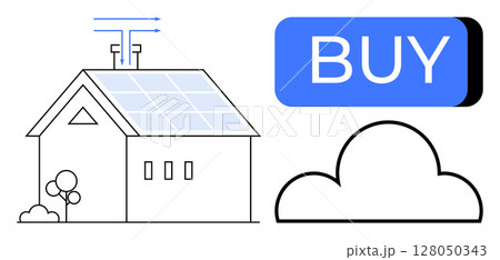 Contemporary house with solar panel on roof, cloud symbol, and large BUY button. Ideal for themes thumbs up renewable energy, smart home, green technology, e-commerce, online solutions Contemporary house with solar panel on roof, cloud symbol, and large BUY button. Ideal for themes thumbs up renewable energy, smart home, green technology, e-commerce, online solutions 128050343