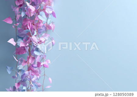 ミントブルーの壁に伸びるパステルカラーのピンクの蔦 ミントブルーの壁に伸びるパステルカラーのピンクの蔦 128050389