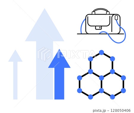 Arrows of varying sizes pointing upwards, symbolizing growth, alongside a briefcase and a molecular structure icon. Ideal for business expansion, career development, scientific progress, innovation 128050406