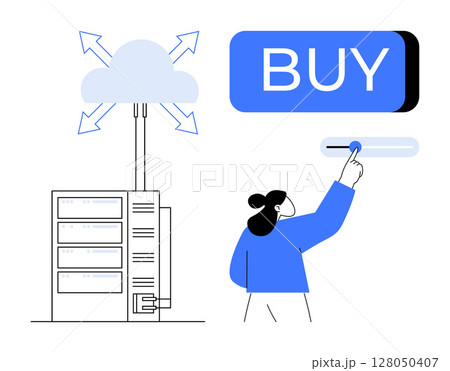 Human figure pressing a large blue BUY button symbolizing online shopping and e-commerce, and a server connected to a cloud indicating cloud storage. Ideal for e-commerce, cloud services, technology 128050407