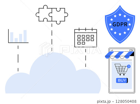 Cloud icon with a bar chart, puzzle piece, calendar, shield labeled GDPR, and a smartphone with a shopping cart icon. Ideal for data protection, online shopping, cloud services, analytics 128050408