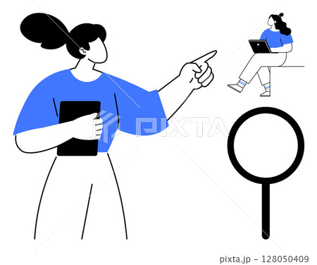 Woman with ponytail holding a tablet points, while another woman with a laptop sits on a table. Magnifying glass icon below. Ideal for education, teamwork, collaboration, analysis, leadership 128050409