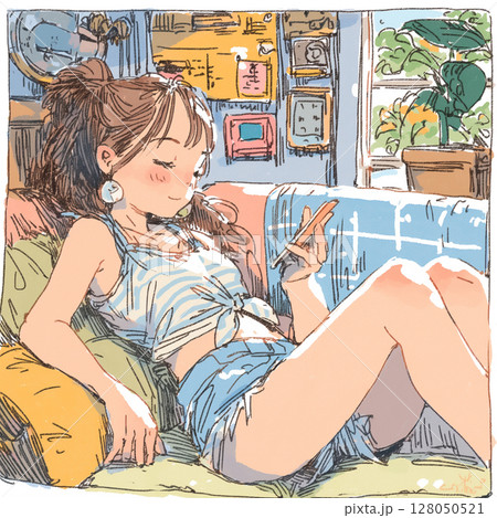 テクノロジーと日常が交差する瞬間　ベッドでスマホを見る女性　現代生活の一場面　ライフスタイル 128050521