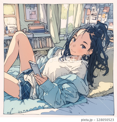 テクノロジーと日常が交差する瞬間 ベッドでスマホを見る女性 現代生活の一場面 ライフスタイル テクノロジーと日常が交差する瞬間 ベッドでスマホを見る女性 現代生活の一場面 ライフスタイル 128050523
