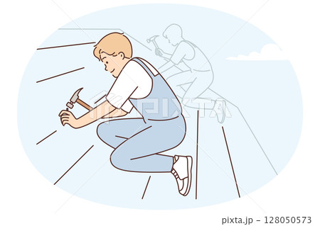 Male worker is repairing roof of residential building by nailing tiles with hammer to avoid leaks Male worker is repairing roof of residential building by nailing tiles with hammer to avoid leaks 128050573
