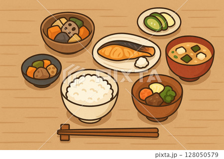 和食の朝ごはんが並ぶ食卓の手描き風イラスト 128050579