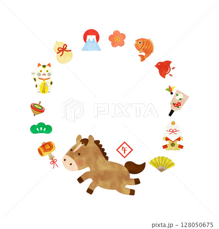水彩風 2026年 午年 縁起物の円形フレームイラスト 128050675