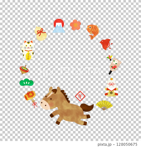 Watercolor style 2026 Year of the Horse lucky charm circular frame illustration 128050675