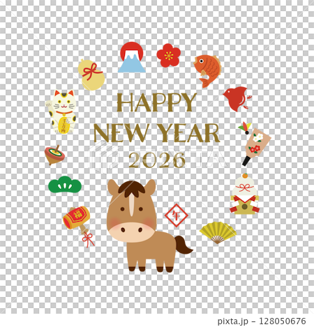 2026年 午年 縁起物の円形フレームイラスト HAPPY NEW YEAR 128050676