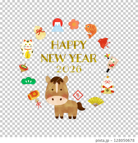 Watercolor style 2026 Year of the Horse lucky circular frame illustration HAPPY NEW YEAR 128050678