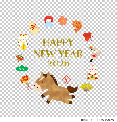水彩風　2026年 午年 縁起物の円形フレームイラスト HAPPY NEW YEAR 128050679