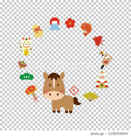 2026 Year of the Horse Auspicious circular frame illustration 128050684