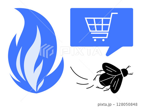 Blue flame symbol, shopping cart in speech bubble, flying black fly. Ideal for marketing, consumer behavior, online shopping, distractions, focus, e-commerce, digital content. Line metaphor 128050848