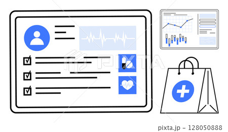 Digital health records with personal info and checklists, medical data analytics on a screen, and healthcare shopping bag. Ideal for medical apps, telehealth, pharmacy services, health monitoring Digital health records with personal info and checklists, medical data analytics on a screen, and healthcare shopping bag. Ideal for medical apps, telehealth, pharmacy services, health monitoring 128050888
