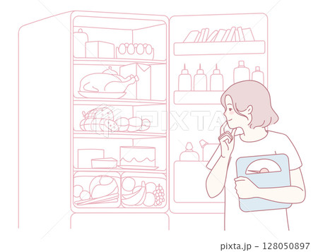 A Person Deep in Contemplation While Weighing Options in Their Refrigerator at Home 128050897