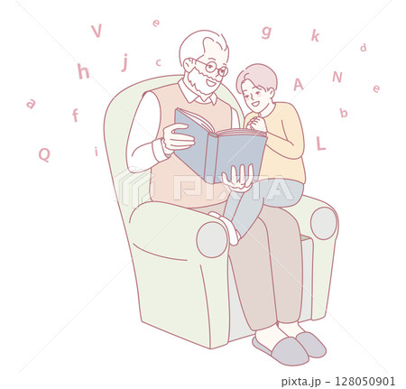 A Grandfather and Grandchild Enjoy Reading Together in a Cozy and Comforting Setting 128050901