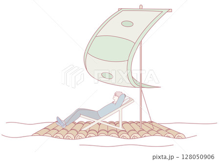 Relaxing on a crafted raft with a sail, surrounded by tranquil waters, escaping everyday life Relaxing on a crafted raft with a sail, surrounded by tranquil waters, escaping everyday life 128050906