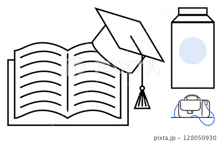 Open book with graduation cap, milk carton, and satchel. Ideal for education, graduation events, student life, learning environments, academic success, knowledge acquisition, and school supplies 128050930