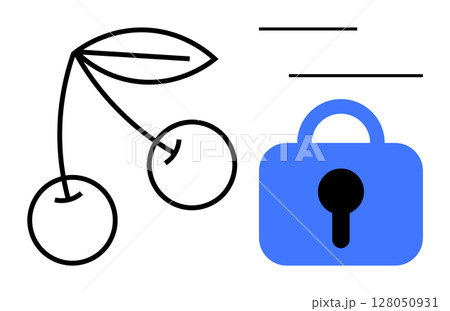 Two cherries with a leaf line art next to a blue padlock symbol suggesting security and protection. Ideal for digital security, healthy lifestyle, nature, safety, and minimalist design themes 128050931