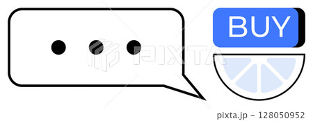Chat bubble with ellipsis next to a blue BUY button and a semi-circular graph. Ideal for communication, e-commerce, sales, customer support, online shopping, digital marketing, business. Line Chat bubble with ellipsis next to a blue BUY button and a semi-circular graph. Ideal for communication, e-commerce, sales, customer support, online shopping, digital marketing, business. Line 128050952