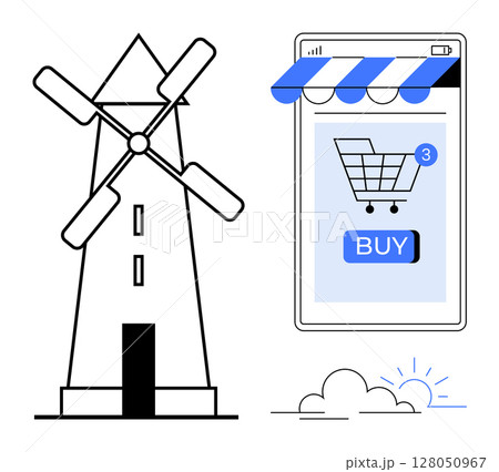 Windmill beside a smartphone showing an online shopping cart with BUY button. Small sun and cloud icons below. Ideal for e-commerce, sustainable energy, innovation, technology, ecommerce 128050967
