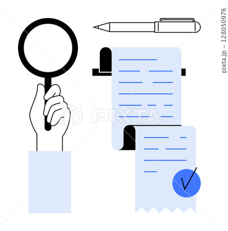 Magnifying glass held by hand, sheet of paper with lines, and pen above. Ideal for document review, research, validation, checking details, and accuracy. Modern minimalistic style 128050976