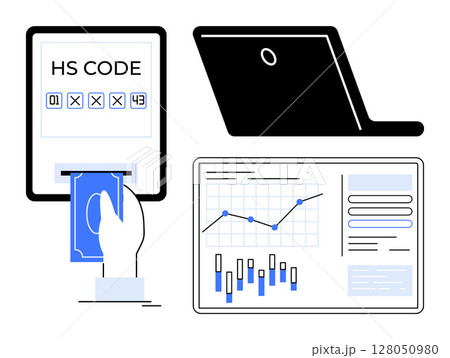 Hand inserting a card into a machine displaying an HS code, closed laptop, and financial graphs and charts on a report. Ideal for e-commerce, banking, technology, finance, trade, data analysis Hand inserting a card into a machine displaying an HS code, closed laptop, and financial graphs and charts on a report. Ideal for e-commerce, banking, technology, finance, trade, data analysis 128050980