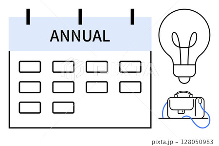 Annual calendar with monthly layout, light bulb icon, and briefcase. Ideal for business planning, idea generation, project management, productivity, organizational strategies, time management Annual calendar with monthly layout, light bulb icon, and briefcase. Ideal for business planning, idea generation, project management, productivity, organizational strategies, time management 128050983