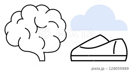 Brain outlined symbol beside a light blue cloud and a stylized shoe. Ideal for health, education, fitness, technology, environment, relaxation, and lifestyle themes. Line metaphor 128050989
